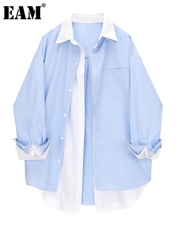 [EAM] Women Blue Striped Color-block Big Size Blouse New Lapel Long Sleeve Loose Fit Shirt Fashion Spring Autumn 2023 1DF7002
