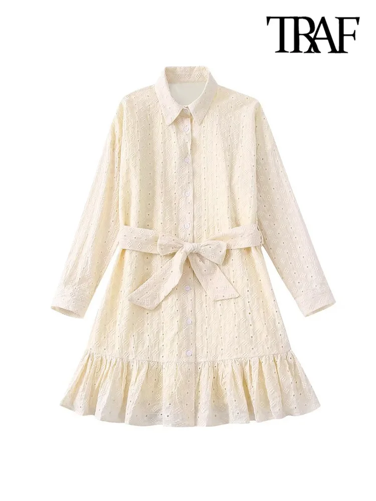 

Платье-рубашка траф женское с поясом, модное винтажное мини-платье с вышивкой и оборками, на пуговицах спереди, с длинным рукавом