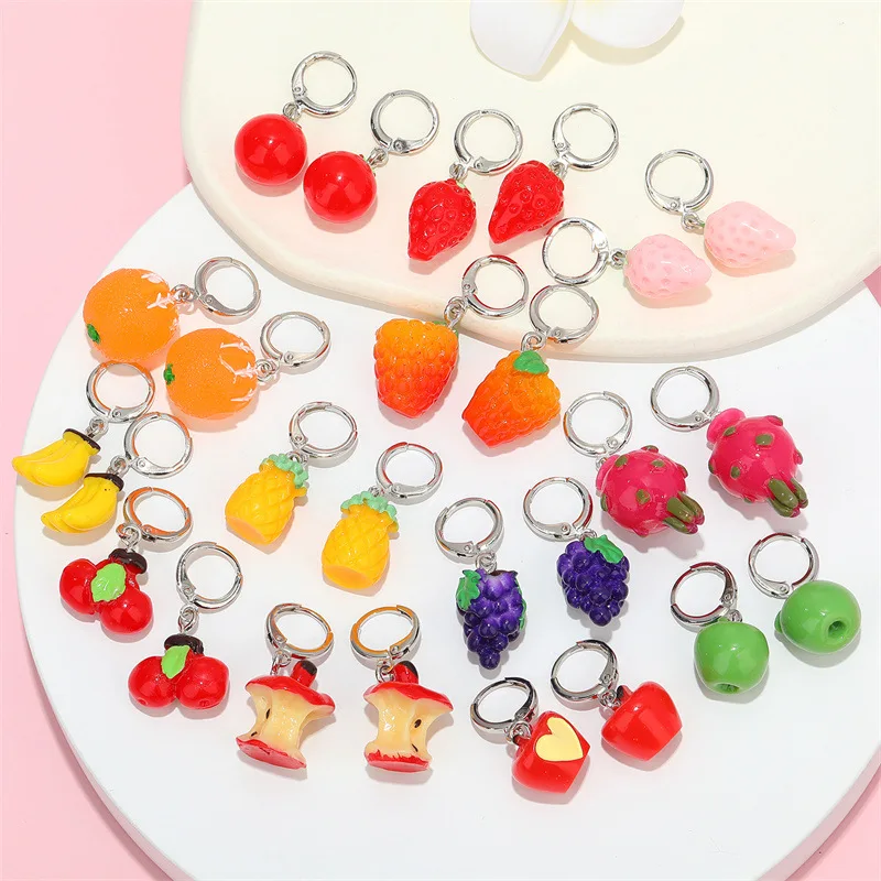 

1 Pair of Creative Fashion Korean Cartoon Acrylic Apple Strawberry Dragon Fruit Cherry Stereo Fruit Dangle Earrings Jewelry