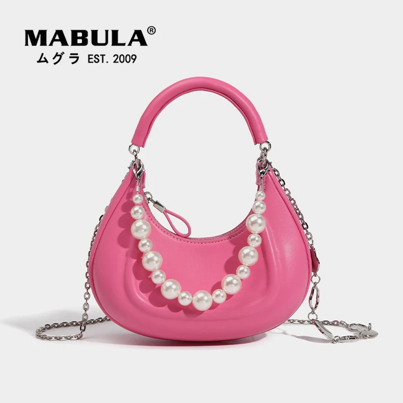 

MABULA Fashion Half Moon Women Crossbody Bags With pearl Chain Candy Color Purses Female Branded Design Clutch Tote Handbags
