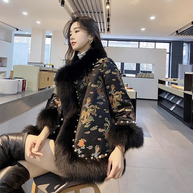 Embroidery Female Coat Winter Faux Fur Jacket Harajuku Mid-length Beading Tang Suit Cloak Women Outwear Elegant Furry Warm Coat
