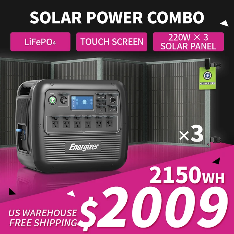 POWERWIN PPS2000 2150Wh/2100W Energizer Portable Power Station LiFePO4 Battery Touch Screen 3*PWS220 Foldable Solar Panel ETFE