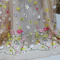 khaki color yellow embroidered flower tulle mesh lace fabric lady dress material 1yard l313