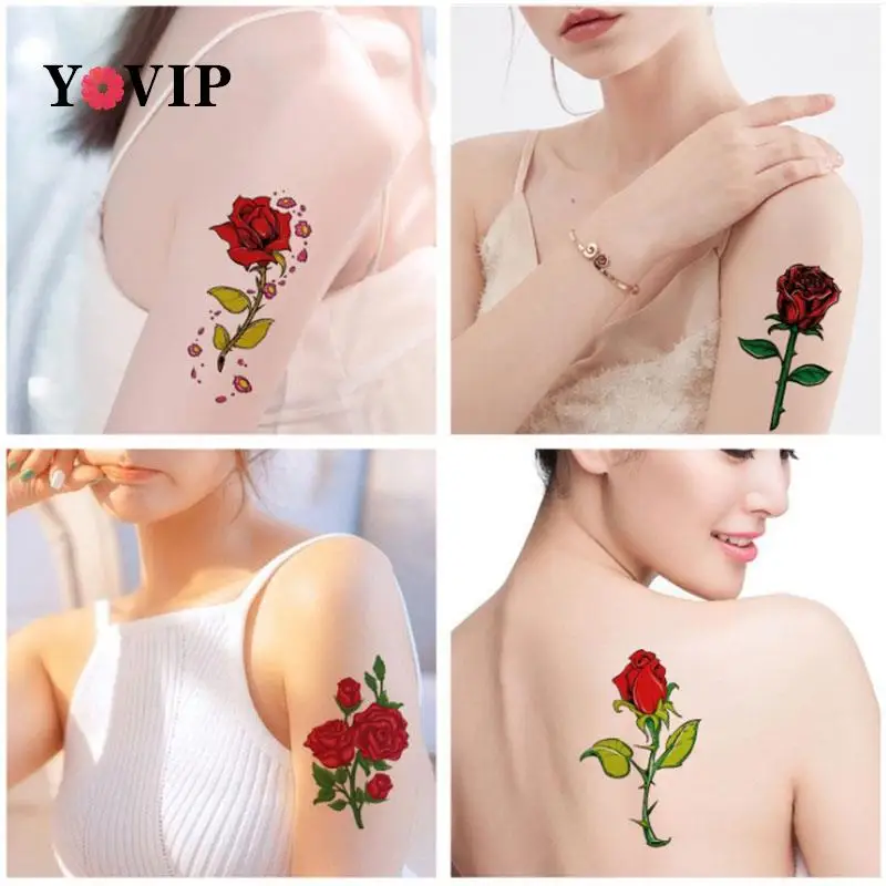 

8 Sheet Waterproof Temporary Tattoo Stickers fake Flash Unisex Beautiful Flower Rose Disposable Body Art Concealer Stickers