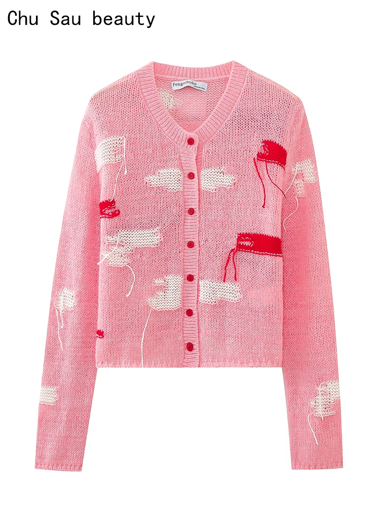 

Chu Sau beauty 2023 Women Autumn Fashion Sweet Jacquard Knitted Loose Cardigan Cute Single-breasted Sweater Chic O-neck Knitwear