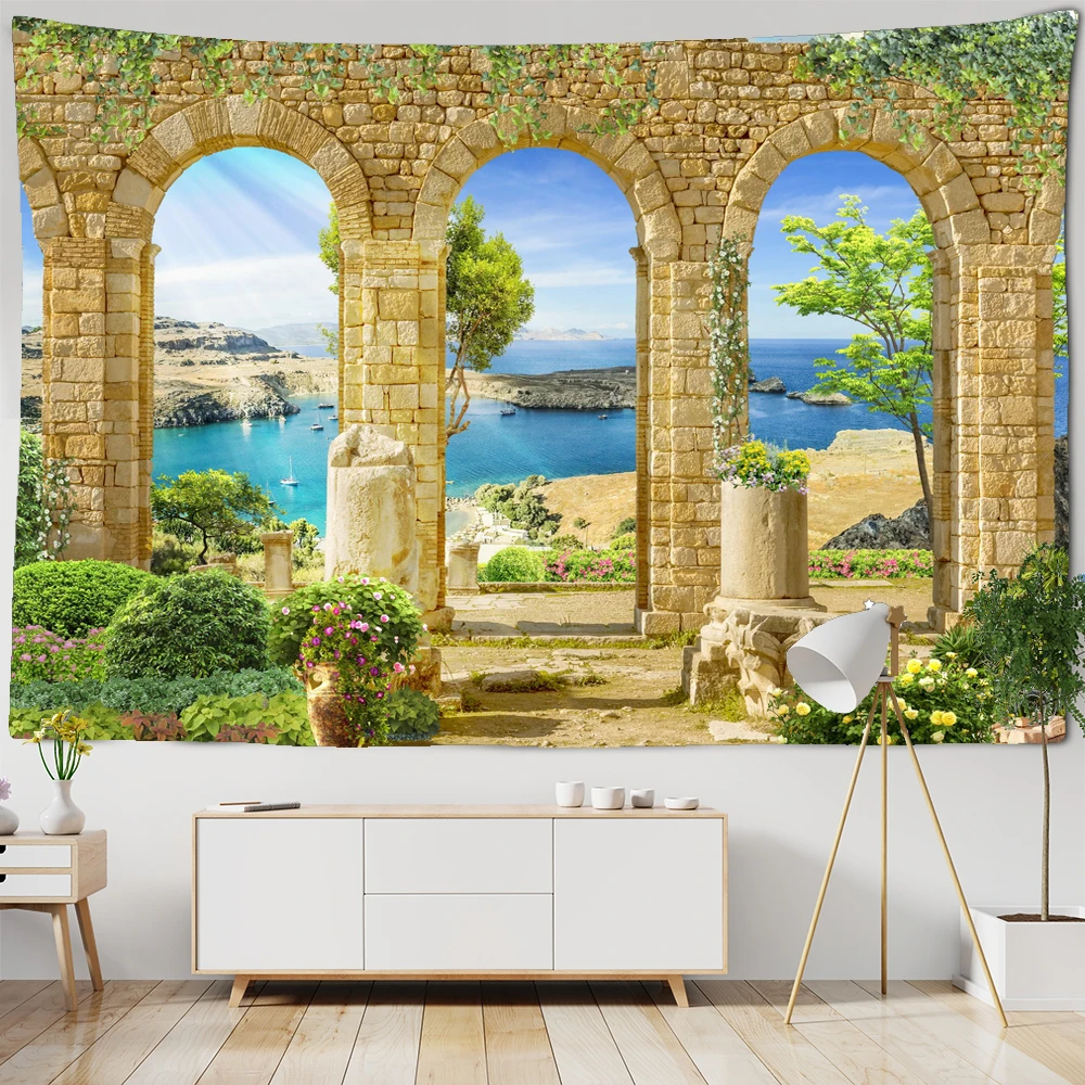 

European Retro Greek Roman Scenery Tapestry Wall Hanging Landscape Tapestry Wall Cloth Beach Mat Flower Blanket Home Decoration