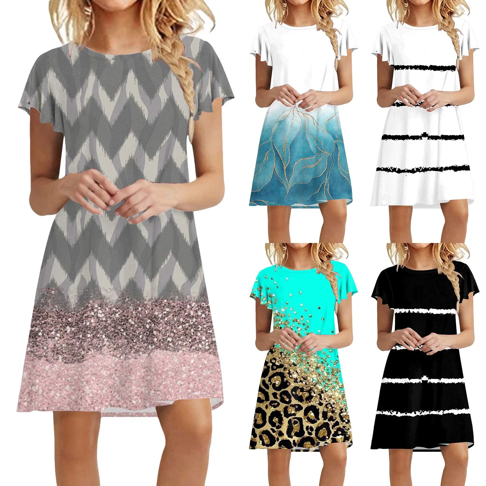 

Платье до середины икры, женское модное платье, летнее платье с коротким рукавом и круглым карманом, женские платья, Длинные