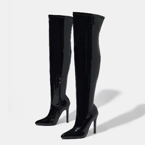 Eilyken/женские сапоги выше колена из лакированной кожи в стиле панк с острым носком, модная обувь на тонком каблуке, зимние высокие длинные ботильоны до бедра