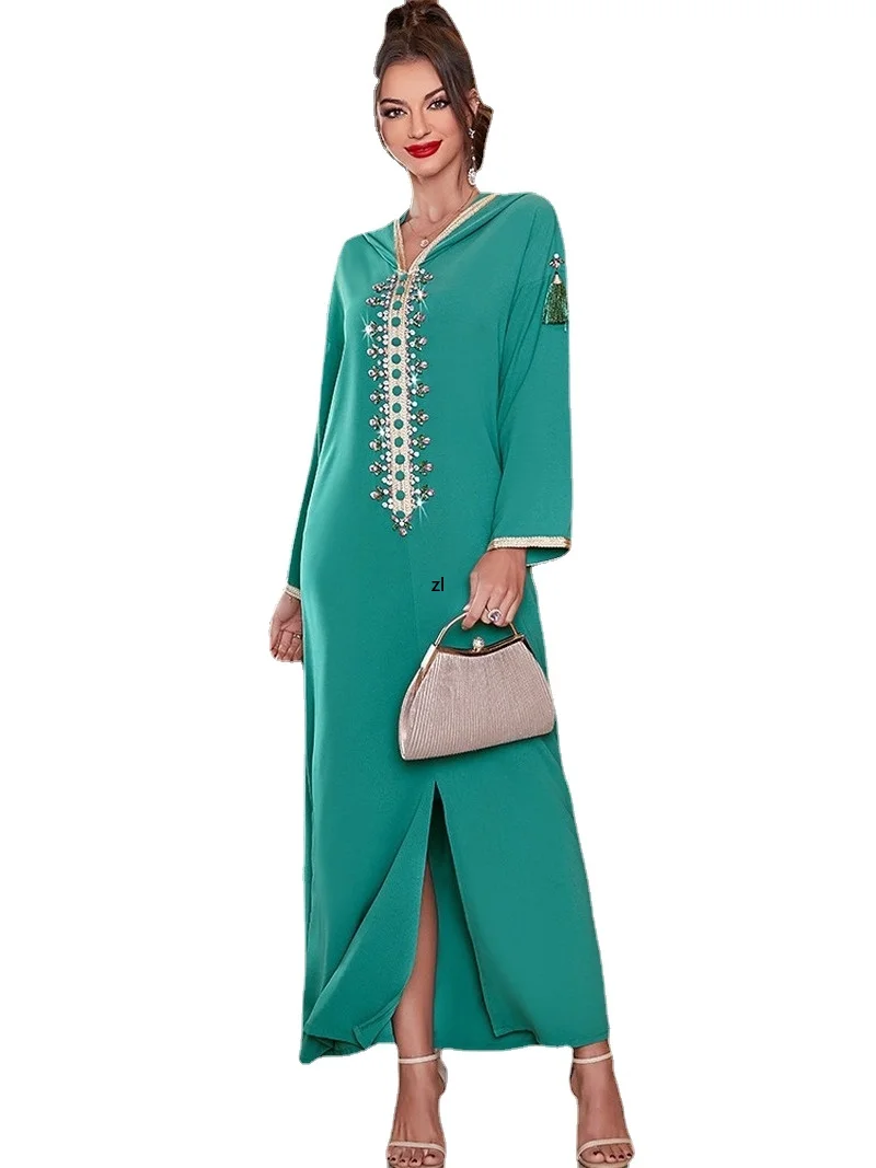 Navy Blue Arabian Fashion Hand Beaded Pleated Elegant Long Dress 2022 New Fashion Ramadan Dresses Muslim Dubai Abaya Middle East