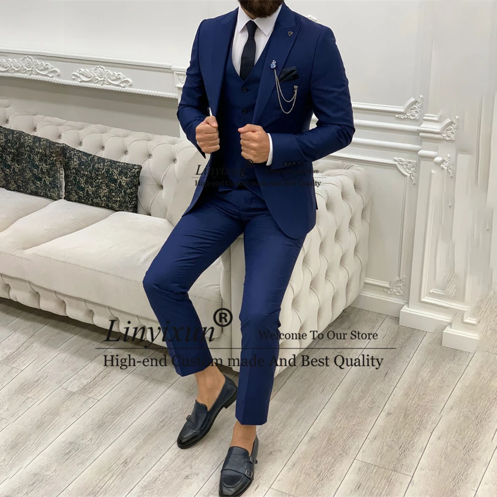 

Ярко-синий стиль, тонкие смокинги для жениха, комплект из 3 предметов, куртка, жилет, брюки, деловой Блейзер, банкет, Terno Masculino