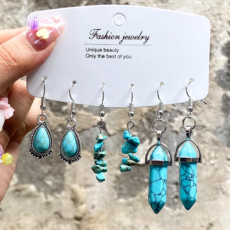 

Fashion Irregular Natural Stone Earrings Set for Women Boho Colorful Hexagonal Column Water Drop Dangle Earrings Trendy Jewelry