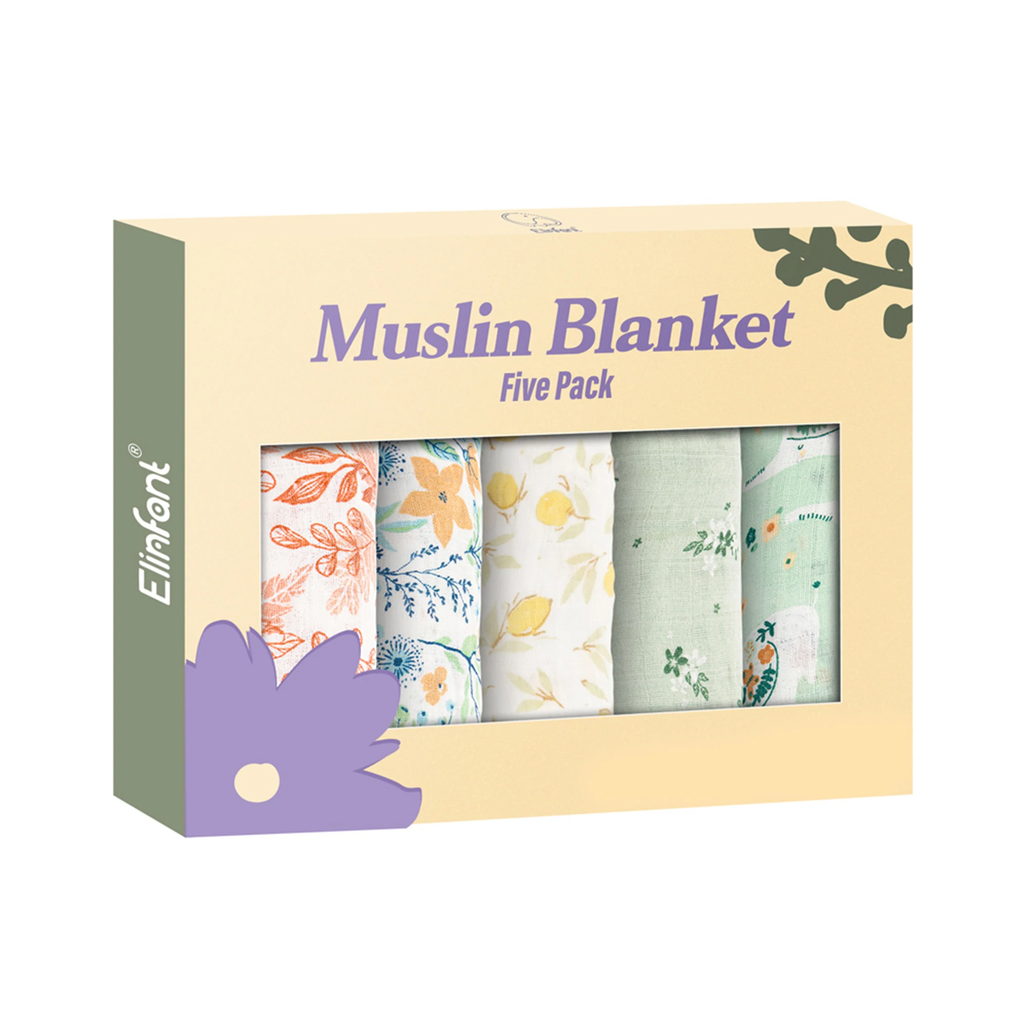

Elinfant 5 Pieces 100% Cotton Baby Bibs Multi-Functional Musin Blankets Saliva Towel Set 60*60cm With 1 Pcs Beautiful Gift Box