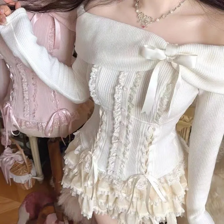 Модный вязаный пуловер с открытыми плечами и длинными рукавами милым бантом +