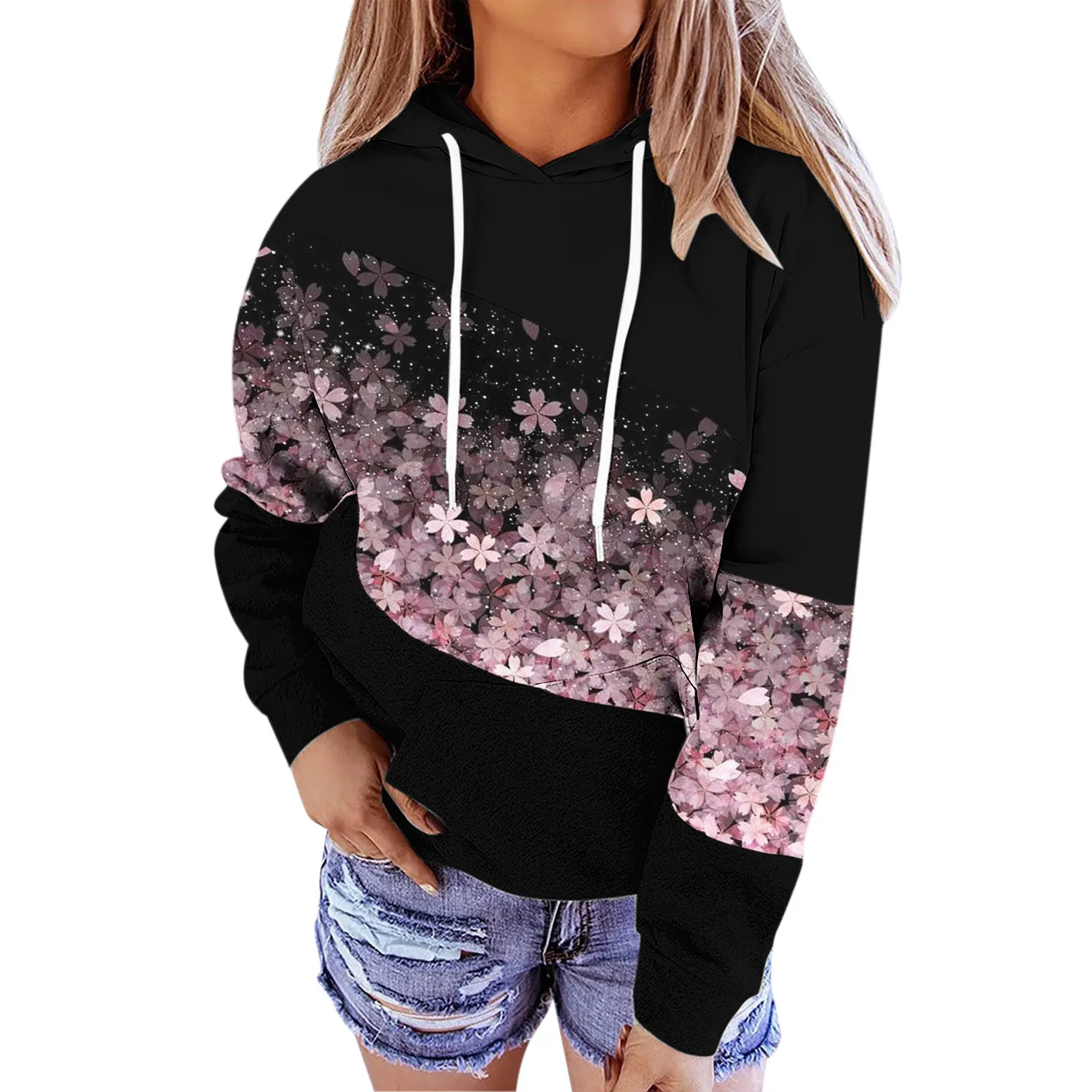 

Women's Printed Sweatshirt Hoodie Pullover Drawstring Loose Long Sleeve Blouse Snap Button Pullover Hoodie