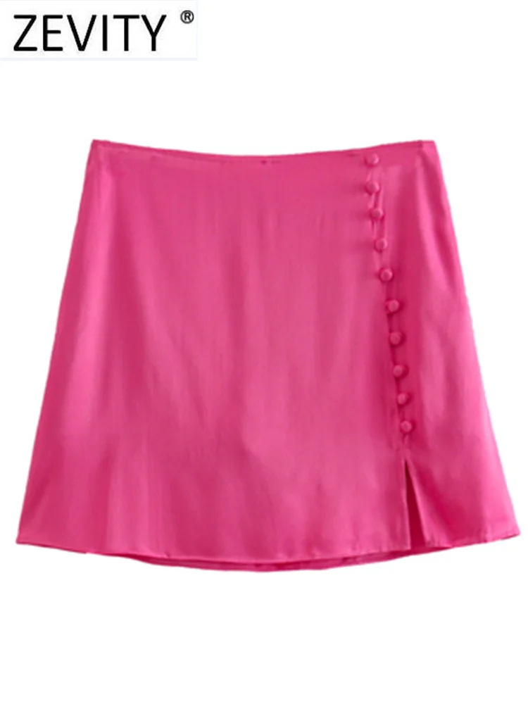 

Zevity Women Fashion Single Breasted Design Soft Satin Split A Line Mini Skirt Faldas Mujer Female Side Zipper Vestidos QUN1330