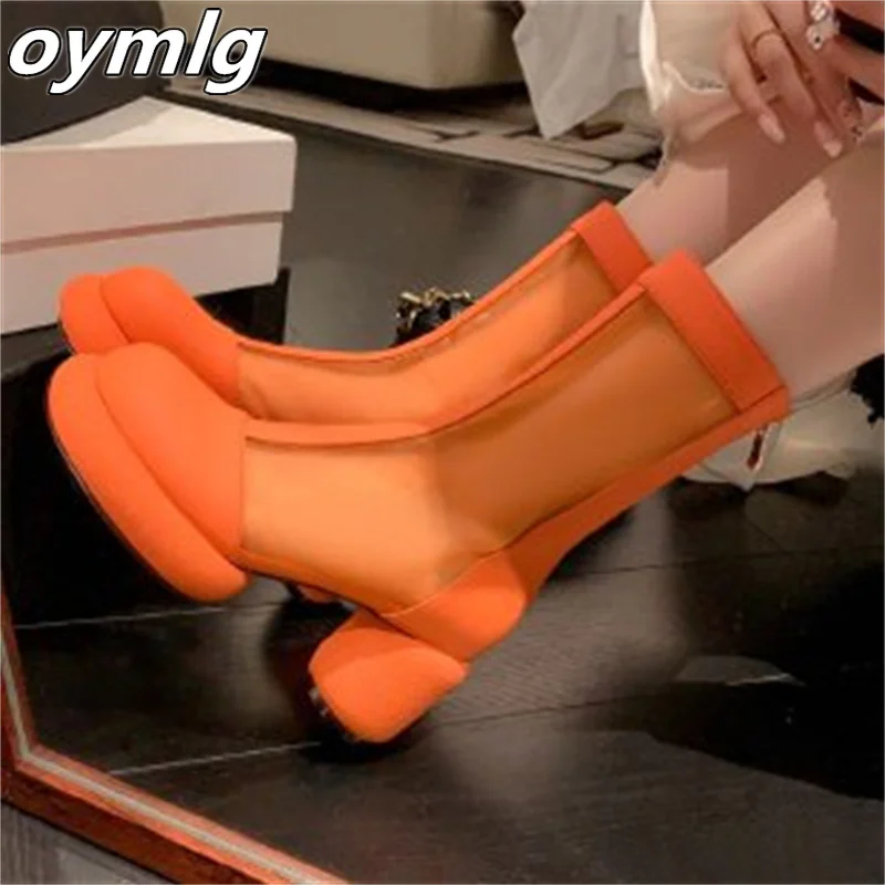 

Heel height 7cm round head zipper 2022 fashion casual hollow net boots wrinkled leather boots women's shoes pumps