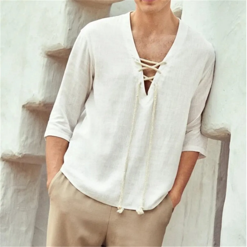 

Men Retro Fashion T-shirt V-neck Cotton Linen Long-sleeved T-shirt Men's Bottoming Shirt Pullover Loose Leisure T-shirt For Men