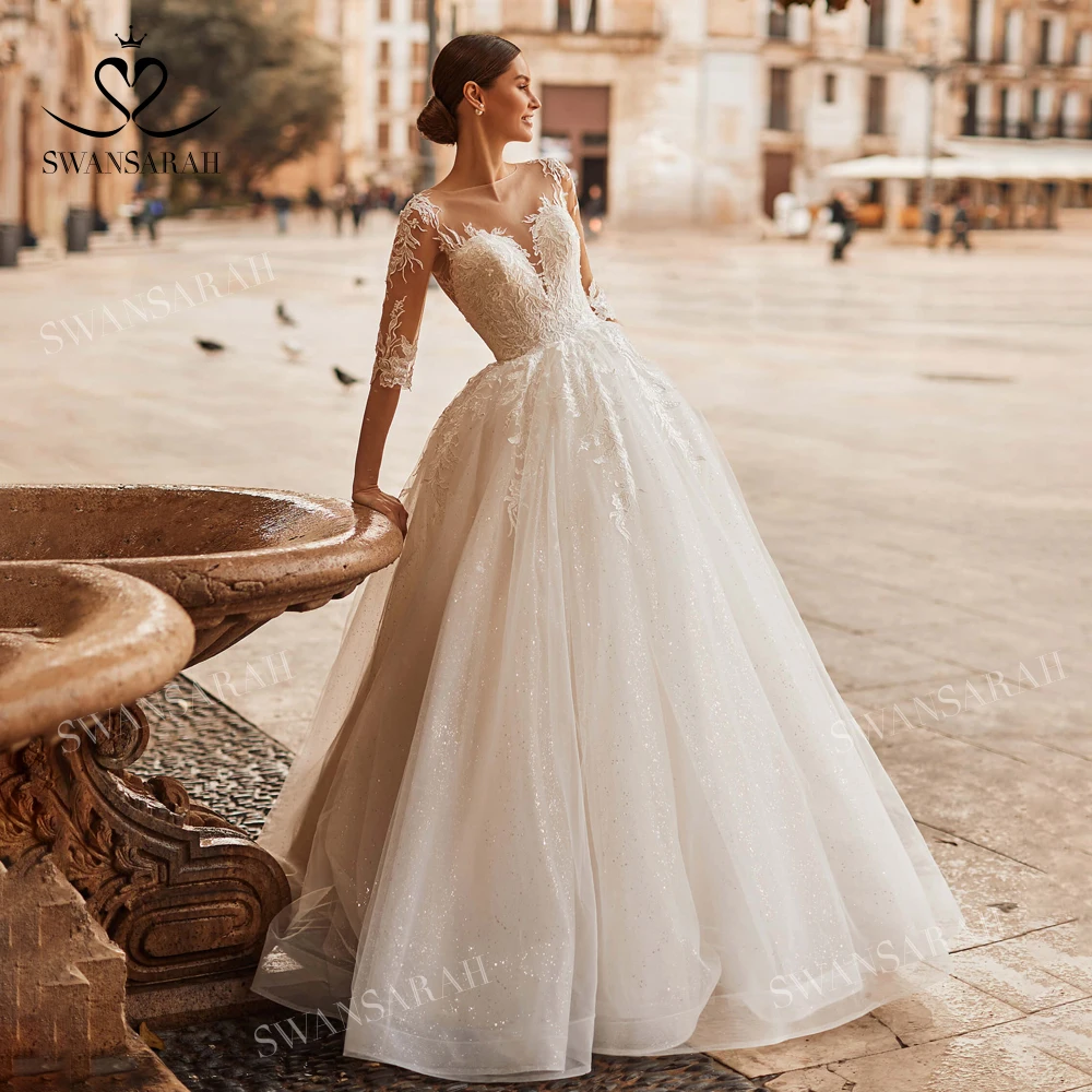 

SwanSarah With Sleeve Wedding Dress 2022 Shiny Chic Appliques A-Line Train Princess Bride Gowns NO18 Plus Size Vestido De Novia