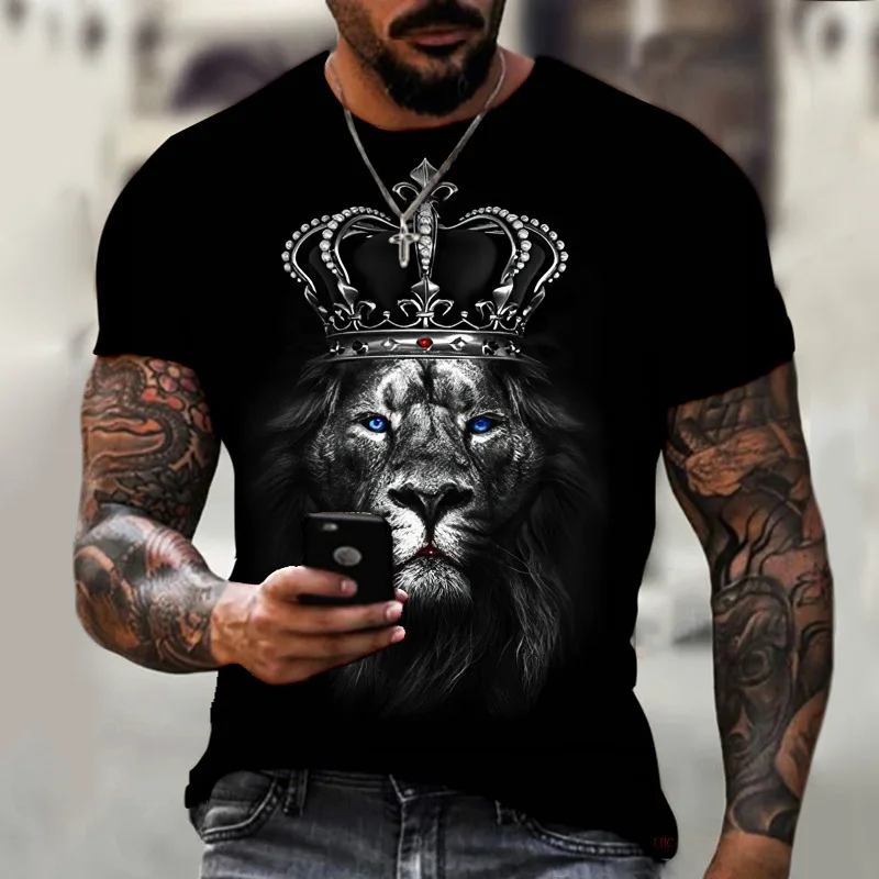 

Men's T-shirt 2023 Summer Crown Print Animal King Of The Forest Lion Tiger Pattern Street Personality Wild Loose Oversize Top