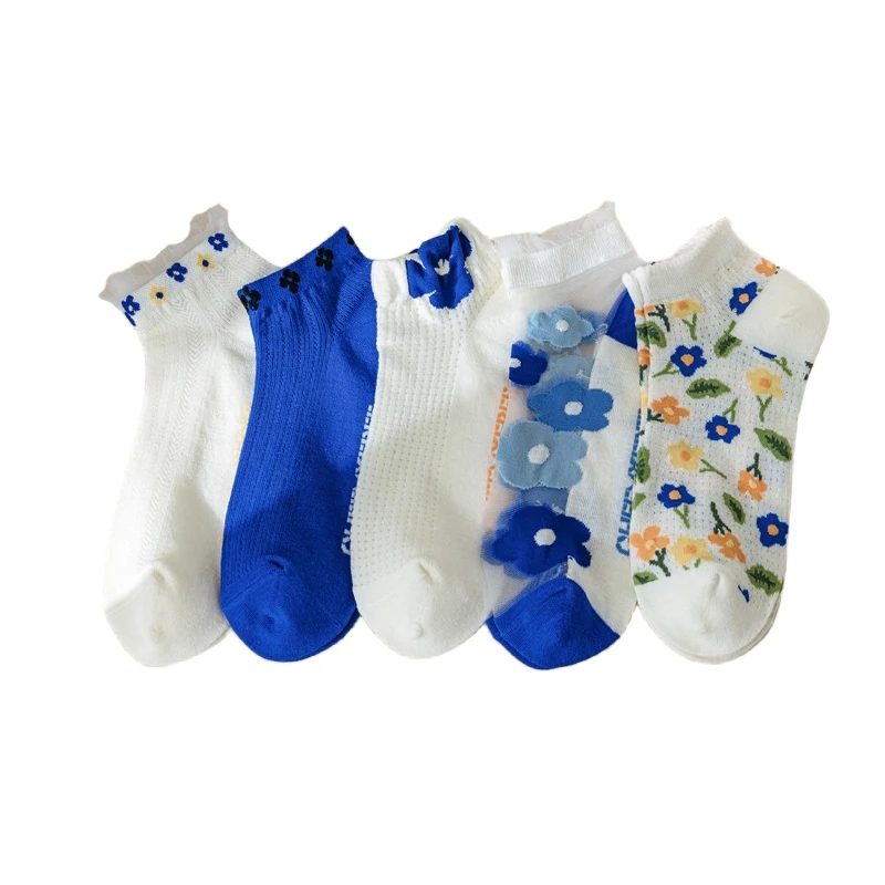 

Весенне-летние носки до щиколотки, сетчатые корейские синие носки-лодочки с цветочным принтом, Женские Дышащие хлопковые носки, милые кружевные женские носки с впитывающим пот