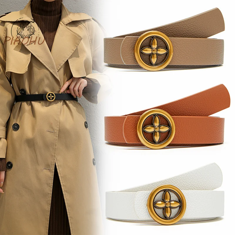

Новинка 2022, Женский декоративный ремень с круглой пряжкой, модный универсальный ремень для джинсов, ветровка, однотонный ремень, женский ре...