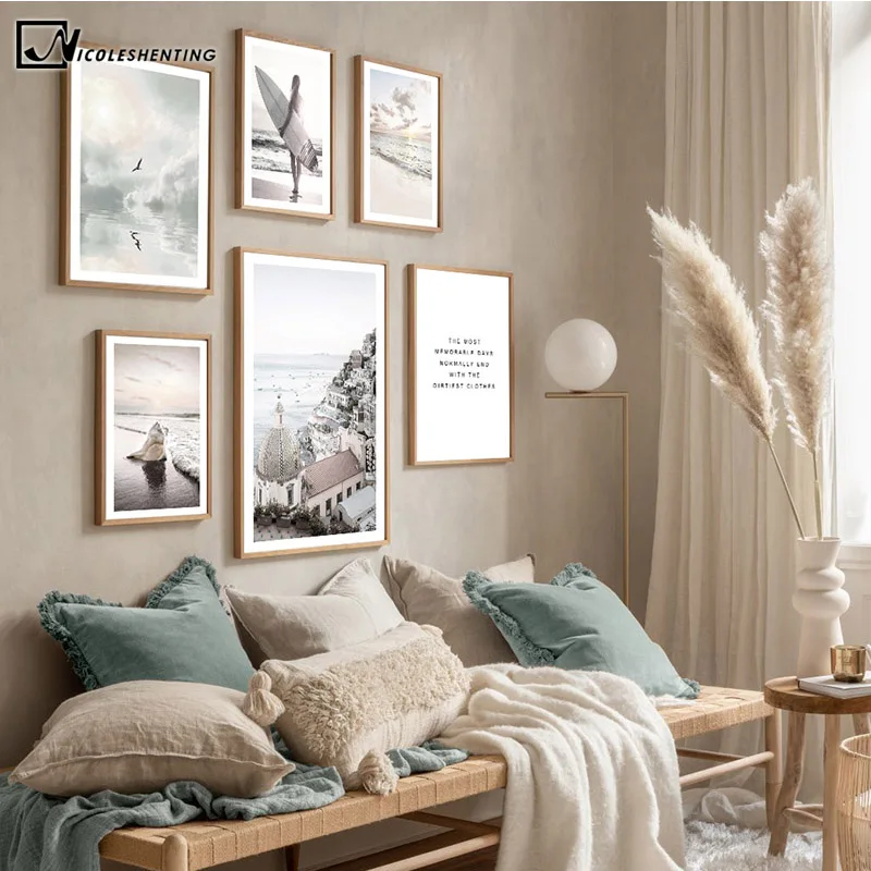 

HD Печать морской пляж доски для серфинга закат Амальфи побережье плакат знаменитое место пейзаж Искусство Живопись Холст настенный Декор К...