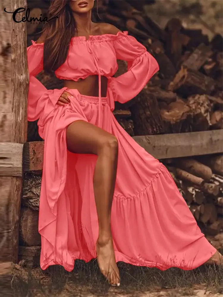 

Celmia Elegant Holiday Two-piece Dress Sets 2022 Fashion Ruffled Short Tops and Pleated Maxi Skirt Sets Casual Lady Beach Sets