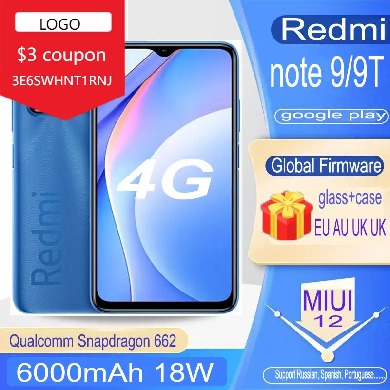 Redmi note 9/9t 4G celular Smartphone Xiaomi 4GB 128GB  6000mAh Battery Snapdragon 662 global version full netcom