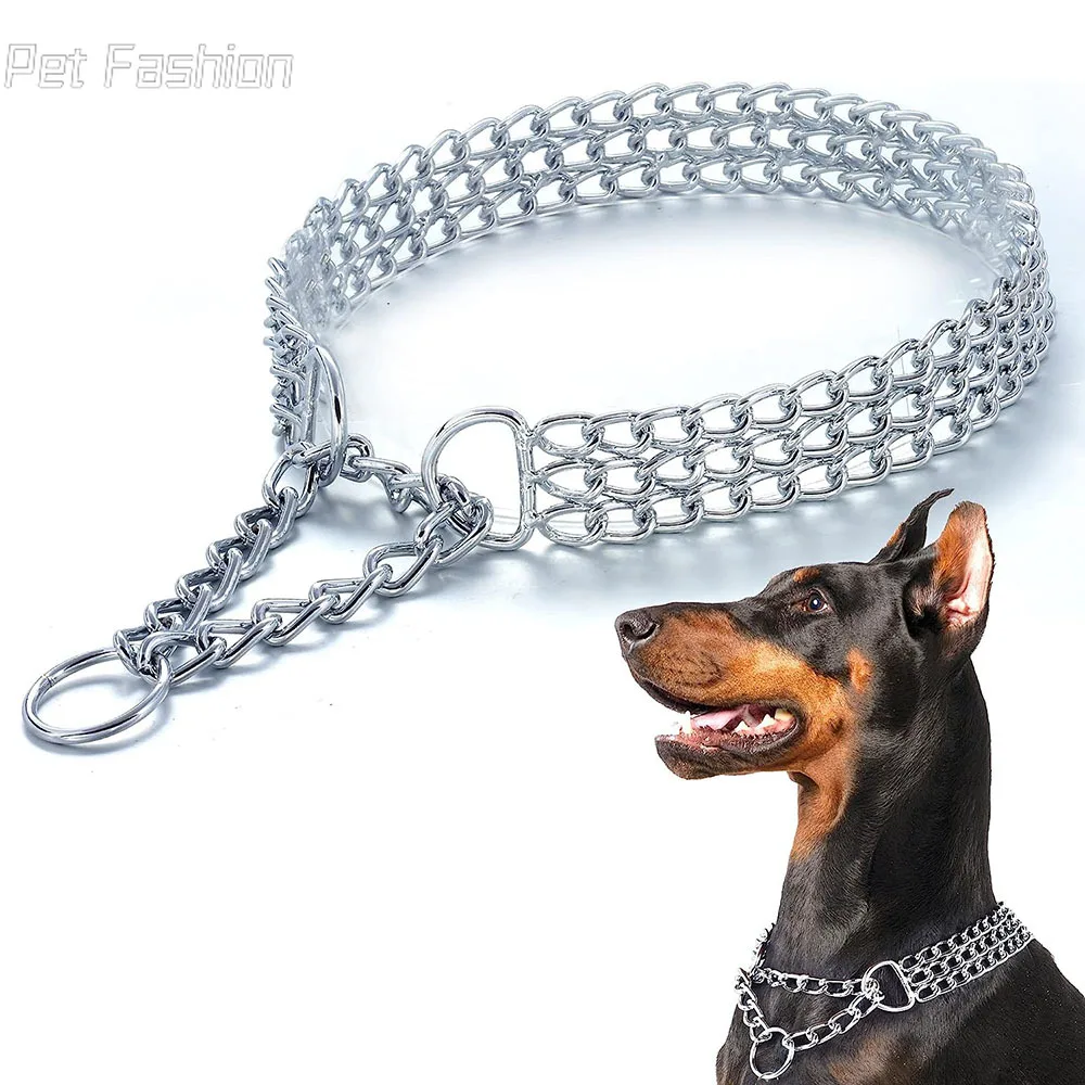 

Strong Dog Chain Collar Chew Proof Triple Row Chain Dog Collar Adjustable Walking Collar Metal Cuban Link Dog Collar for Big Dog