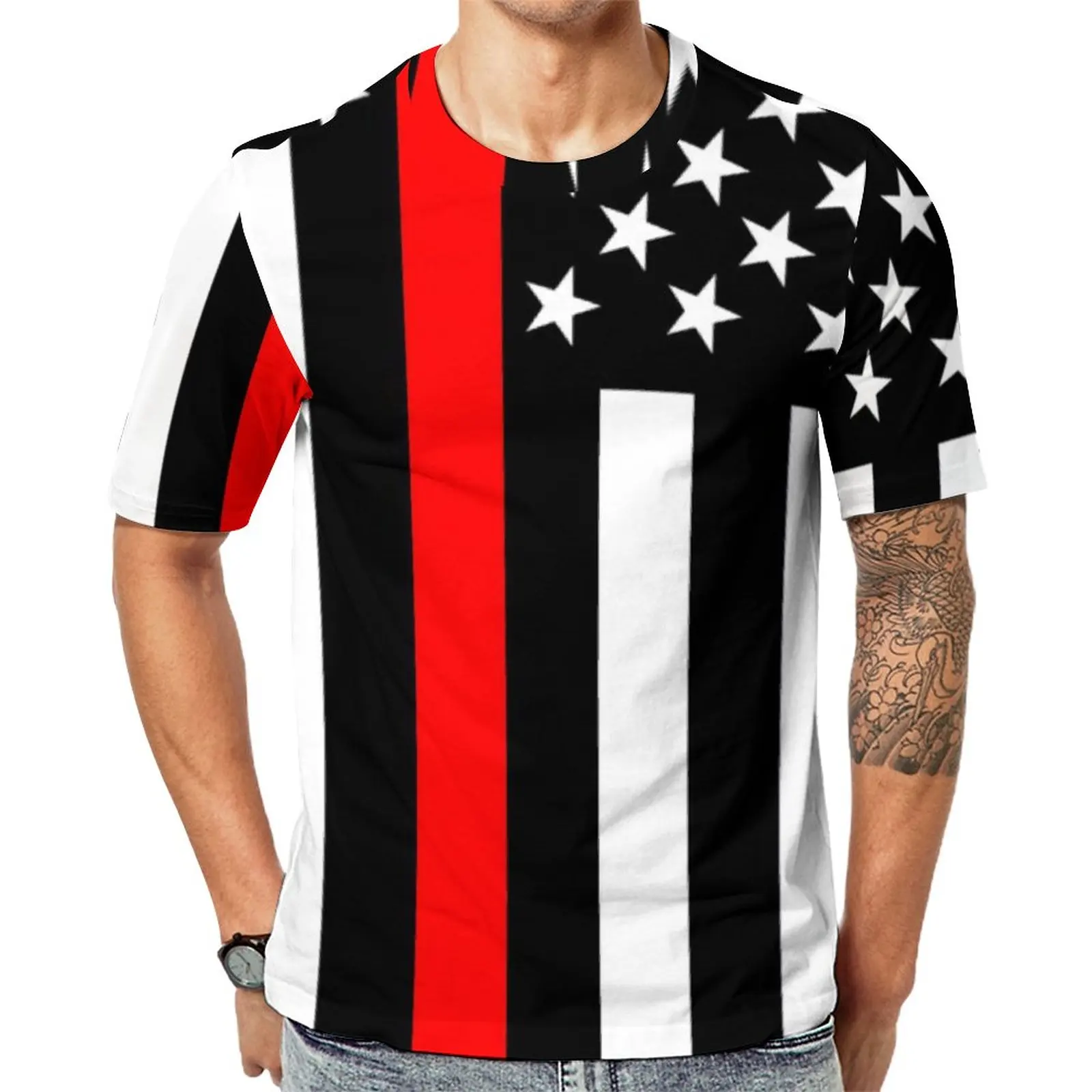 

American Flag Graphic T-Shirt Thin Red Line Star Print Funny T-Shirts Crewneck Popular Tee Shirt Summer Men Print Clothing 6XL