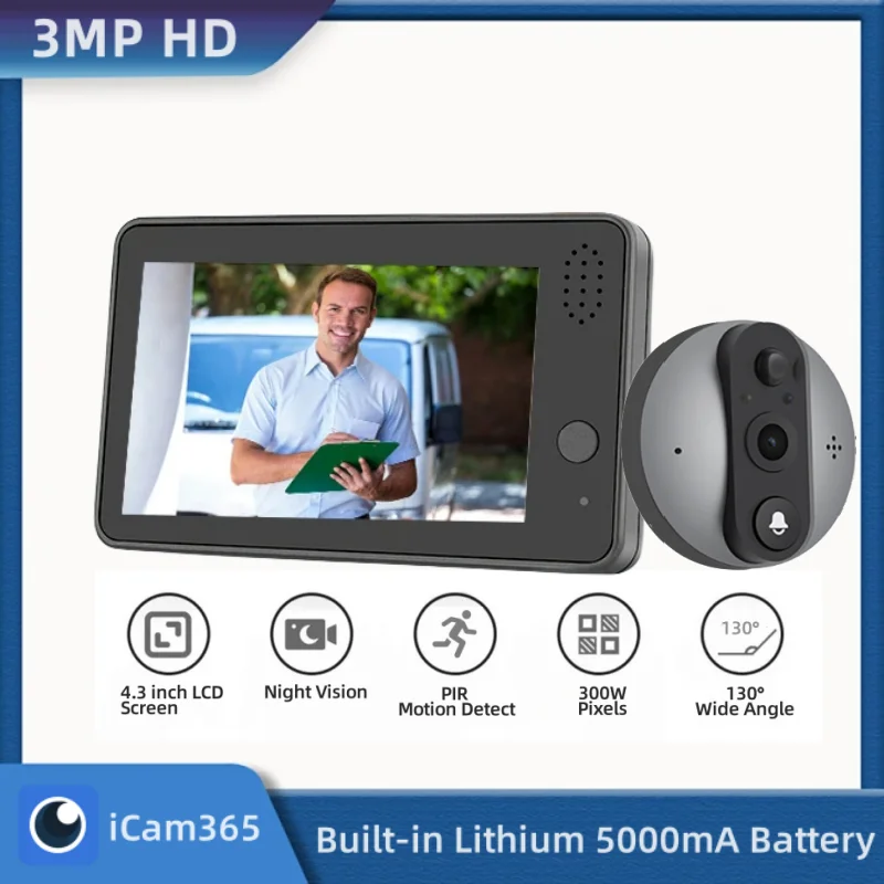 Фото iCam365 Открытый беспроводной дверной звонок 4,3-дюймовый экран двустороннее аудио 3-мегапиксельная запись 60-х годов цифровой Wi-Fi глазок для безопасности квартиры №1