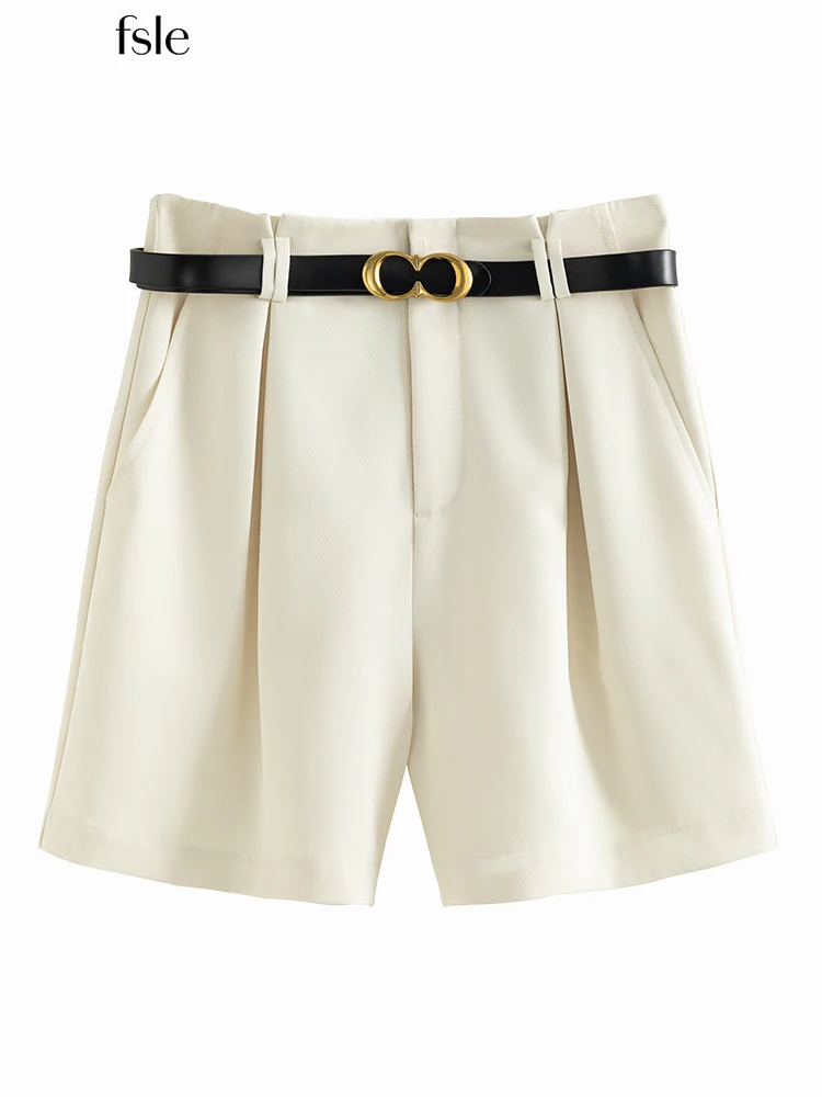 FSLE Women Suit Shorts Black Casual High Waist Shorts Solid Commuter Simple Loose All-match White Bottom Belt Waist Design