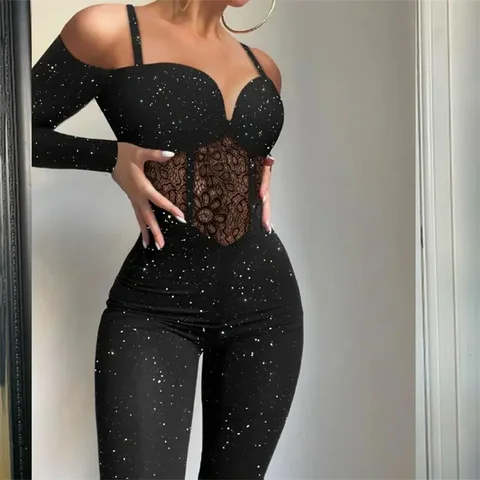 Модный кружевной прозрачный комбинезон на подтяжках с длинным рукавом, женский сексуальный облегающий Блестящий Комбинезон с открытыми плечами, женские брюки-Карандаш 24