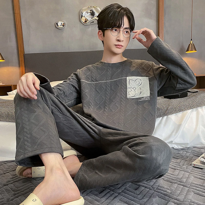 QUHENG Men's Pajamas Autumn Winter Cotton Pijamas Set 2022 New Warm Cartoon Long Sleeve Trousers Two-piece Loose Casual Suit