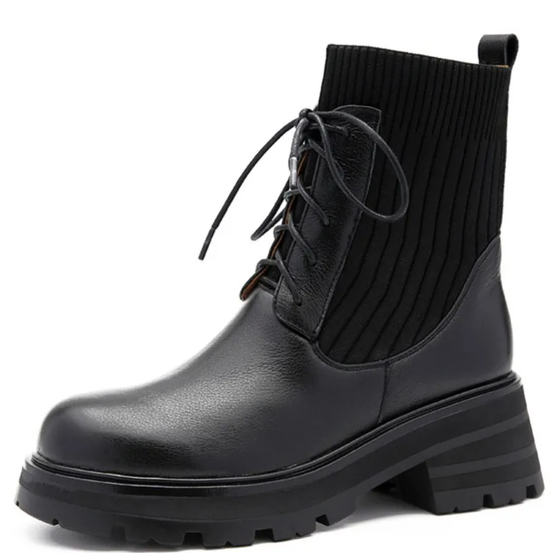 

Dilalula Women Ankle Boots Autumn Winter Outdoor Casual Office Ladies Lace-Up Thick Heels Knitting Genuine Leather Shoes Woman