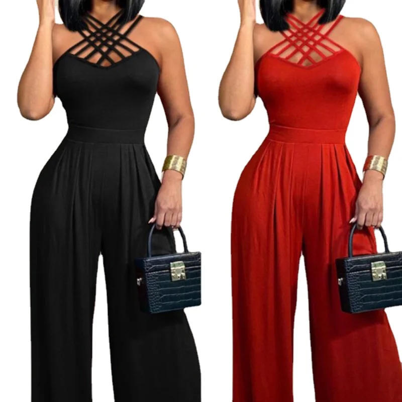 

Sexy Women Multi-Strap Crisscross Sleeveless Halter Wide Leg Jumpsuit Summer Overalls Lady Jumpsuts Long Black Robe