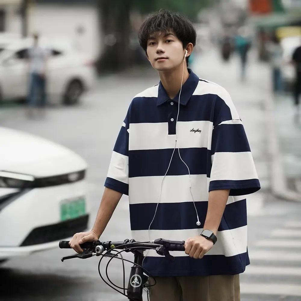 

Harajuku Men’s Shirt Short Sleeve Turn-down Neck T Shirt American Vintage Student Hip Pop High Street Retro Men Clothing