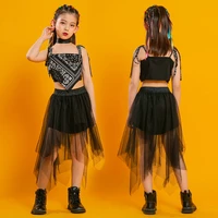 kid kpop punk hip hop clothing print crop tank top pleated mesh skirt for girls jazz dance costume set clothes with neckwear