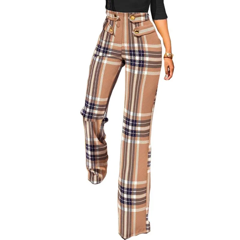 

Women Spring Autumn Trousers Mid waist Grid Pants
