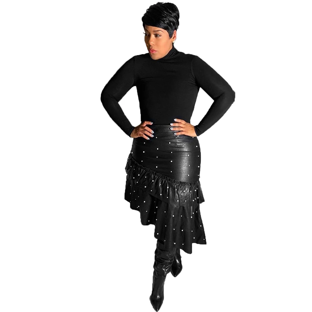 

Юбка-миди женская из экокожи, модная ассиметричная юбка с оборками и жемчугом, до колен, с завышенной талией, большие размеры, Черная