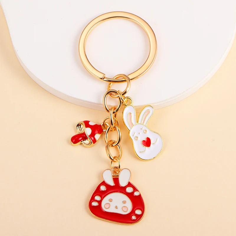 

Lovely Enamel Red Mushroom Rabbit Charms Keychains Kawaii Anime Animal Key Holder Accessories For Wommen Girls Handbag Car Key