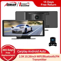 dash cam wifi wireless carplay android auto 1440p 2 cameras rearview mirror gps navigation car dvr video fm transmission