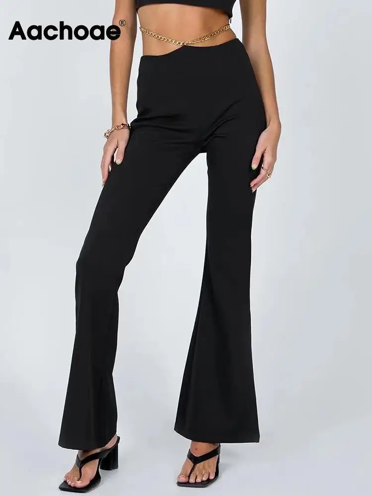 

Aachoae Women High Street Solid Color Boot Cut Pants Fashion High Waist Chain Decorate Long Pants Ladies Skinny Trousers
