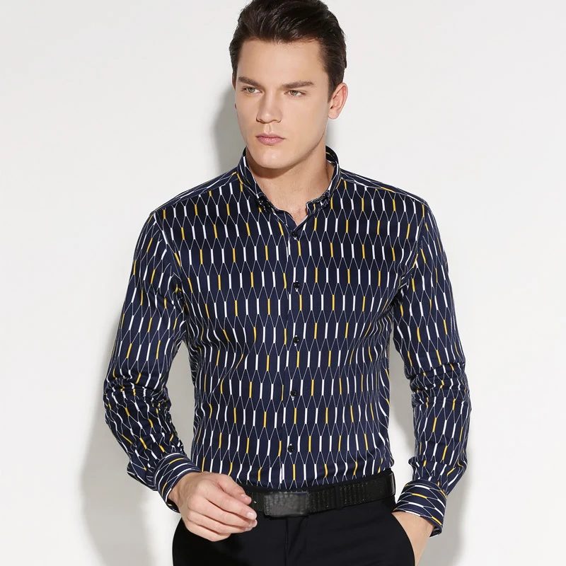 

Fashion Geometric Printed Style Mens Business Casual Shirts 100% Cotton Long Sleeve Non-iron Button Down Young Man Dress Shirt