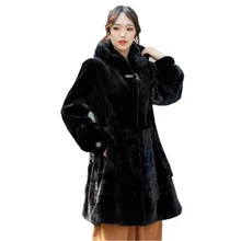 90CM Luxury Wholeskin Mink Fur Hoody Coat Autumn Winter Women Warm Outerwear Overcoat LF2330JY 