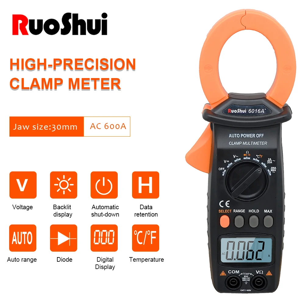 

Ruoshui Brand New Clamp Meter 600A Automatic range AC/DC Measures Current Voltage Temperature Capacitance Resistance Diodes