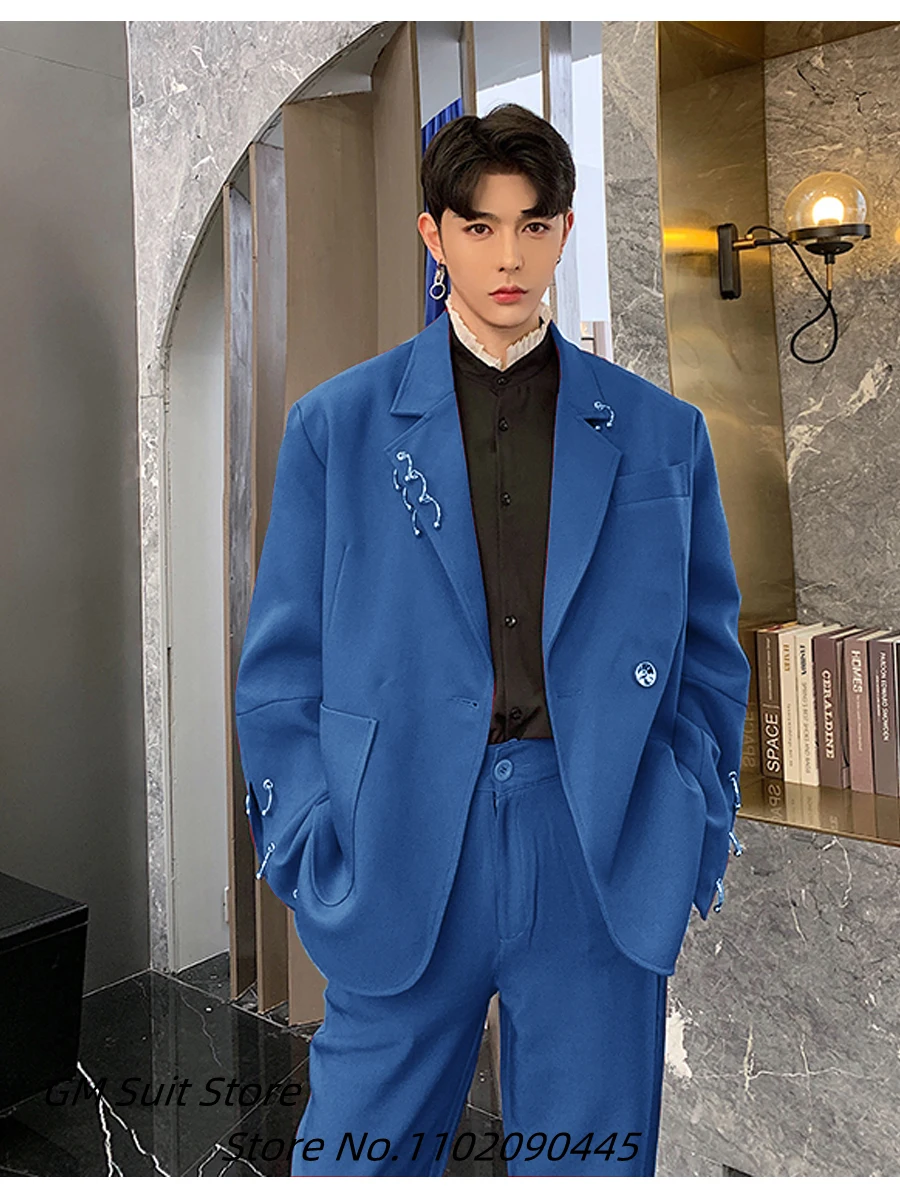 Spring Men's Suit 2Piece Korean Retro Style Casual Loose Personality Small Suit Lapel Blazer Sets Jacket Male Tuxedo For Wedding