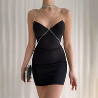 solid diamonds chain slips sleeveless backless mini dress sexy skinny 2022 summer elegant outfits wedding party club