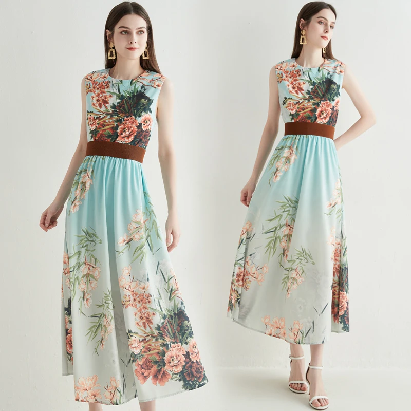 

Europe and the United States new high-end positioning printing dress waist show slim long skirt