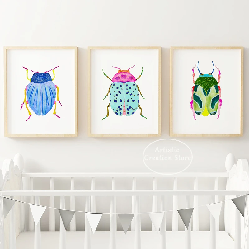 Акварель Жук Художественная печать синяя Стрекоза искусство естественное